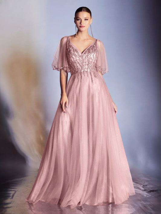 Rose Gold floor-length prom dress, front view showing the a-line silhouette