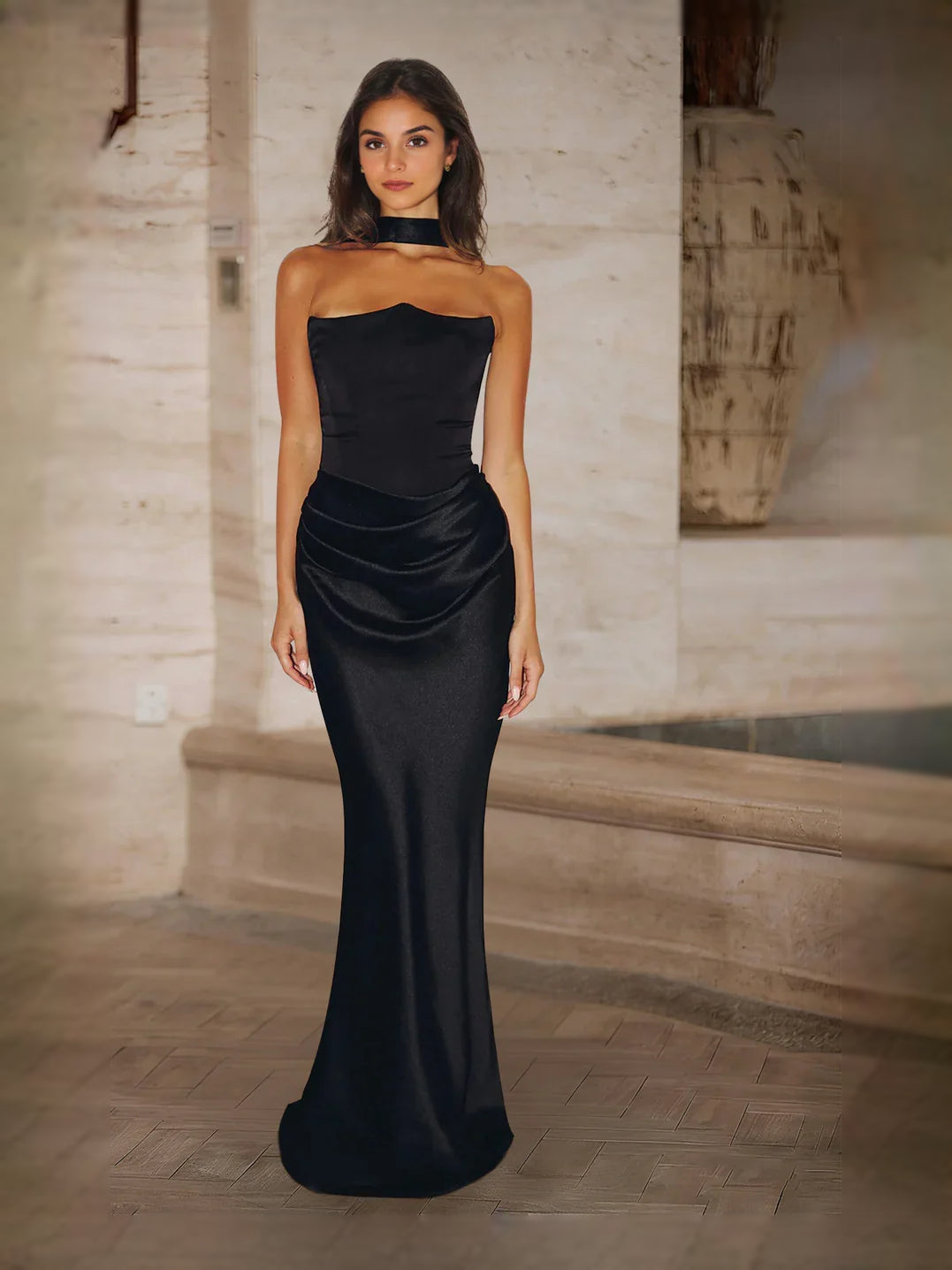 Black floor-length prom dress, front view showing the a-line silhouette