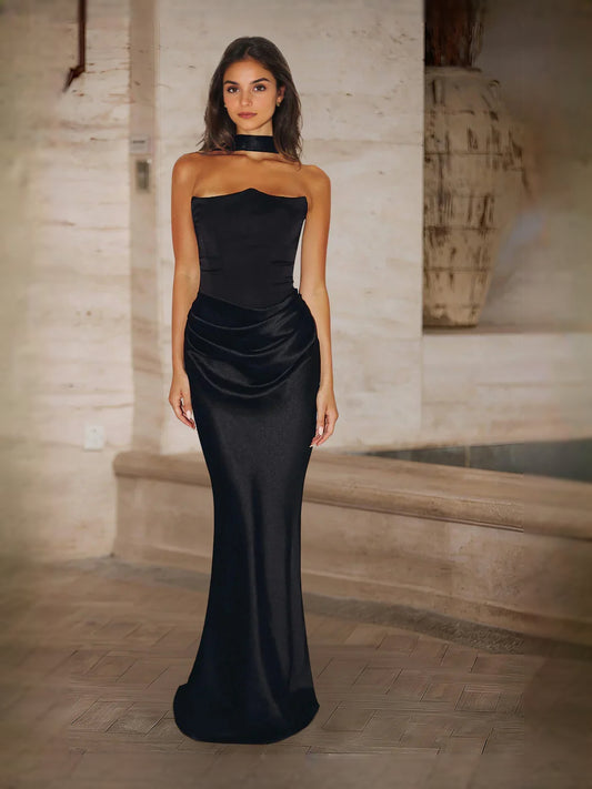 Black floor-length prom dress, front view showing the a-line silhouette