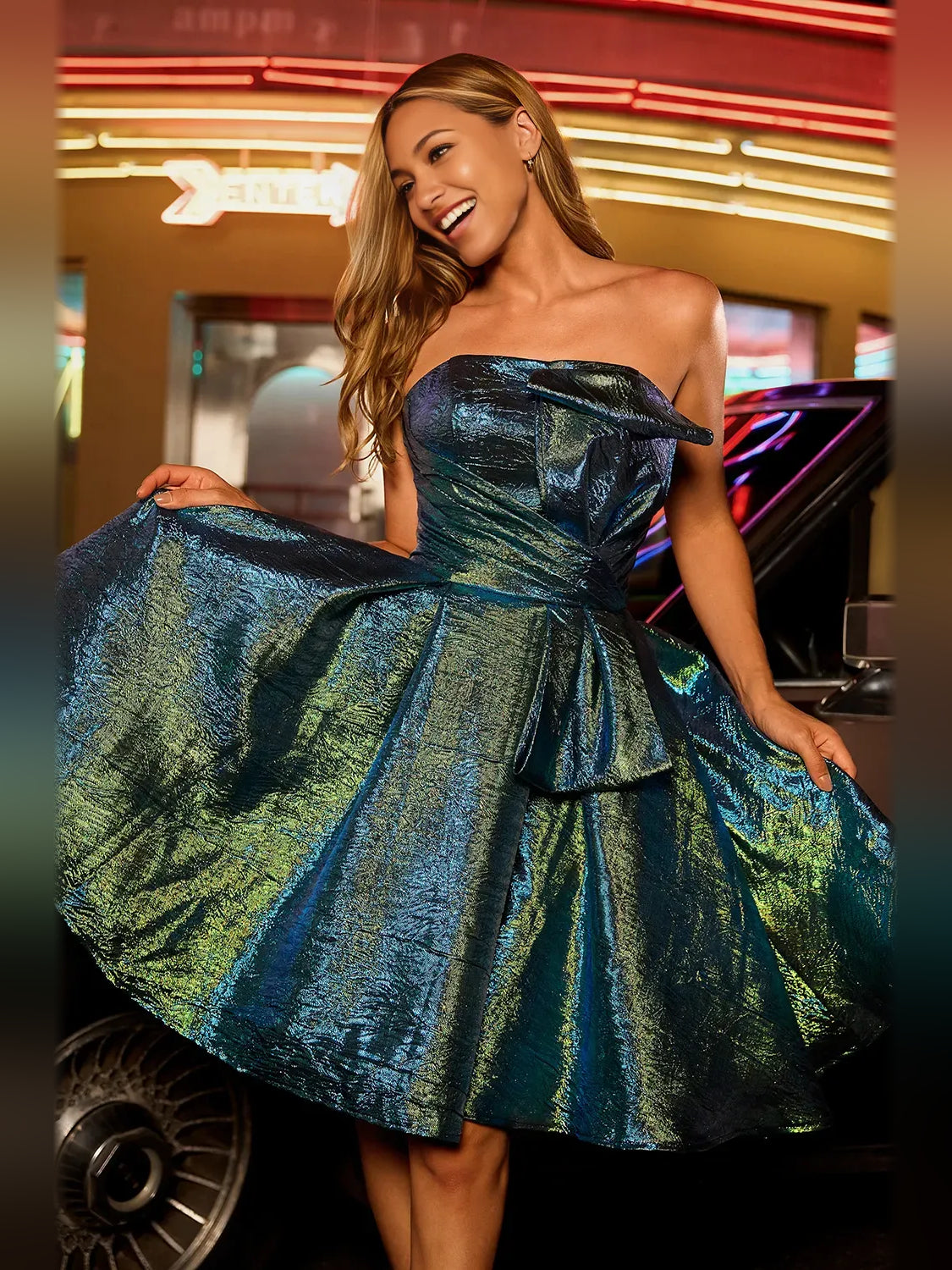 Peacock mini homecoming dress, alternate view showing the full-length silhouette