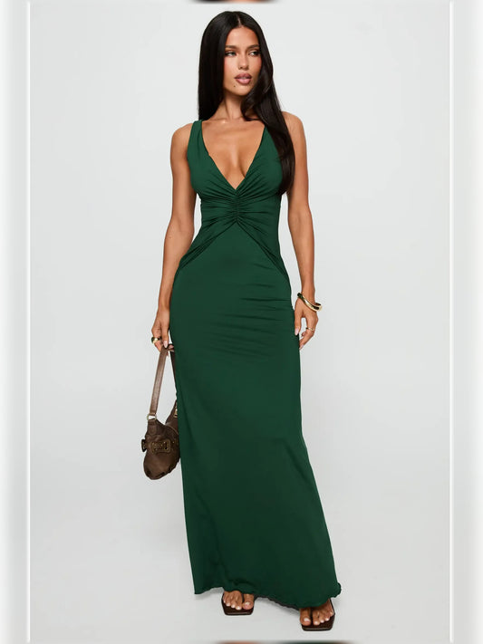Forest Green mermaid floor-length formal dress with V-neckline, full-length front view