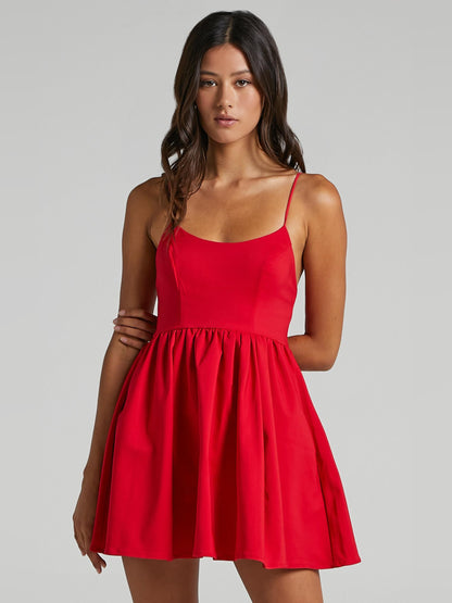 Red mini homecoming dress, front view showing the a-line silhouette