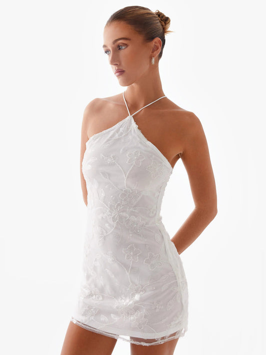 White mini homecoming dress, front view showing the silhouette