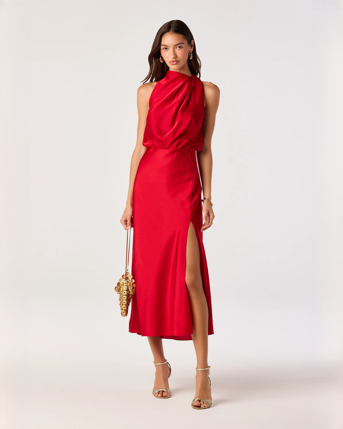 sleeveless satin a-line midi bridesmaid dress - image 1