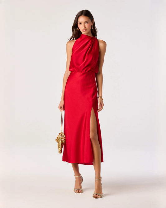 sleeveless satin a-line midi bridesmaid dress - image 1