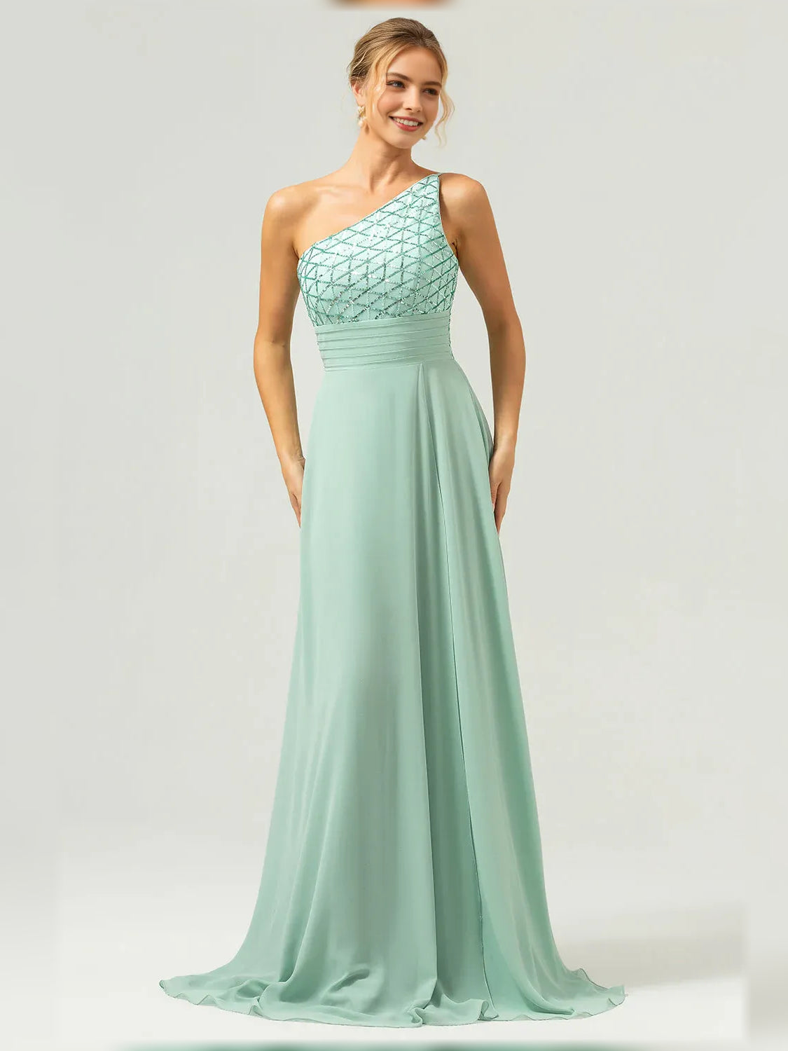 Mint Green a-line floor-length formal dress with one-shoulder neckline, full-length front view