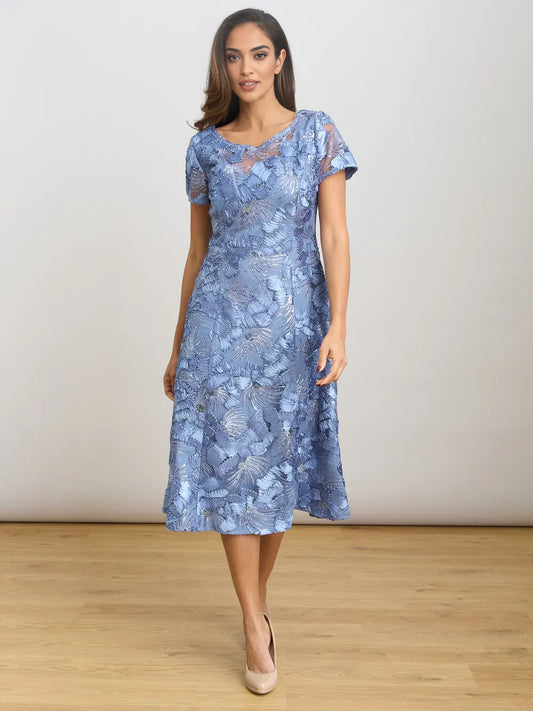 Dusty Blue midi mother of the bride dress, front view showing the a-line silhouette