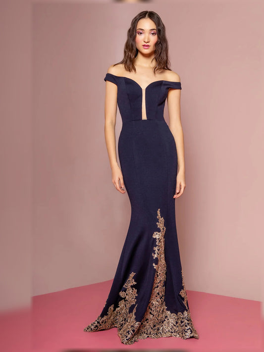 Navy Blue mermaid maxi formal dress with off-the-shoulder neckline, full-length front view