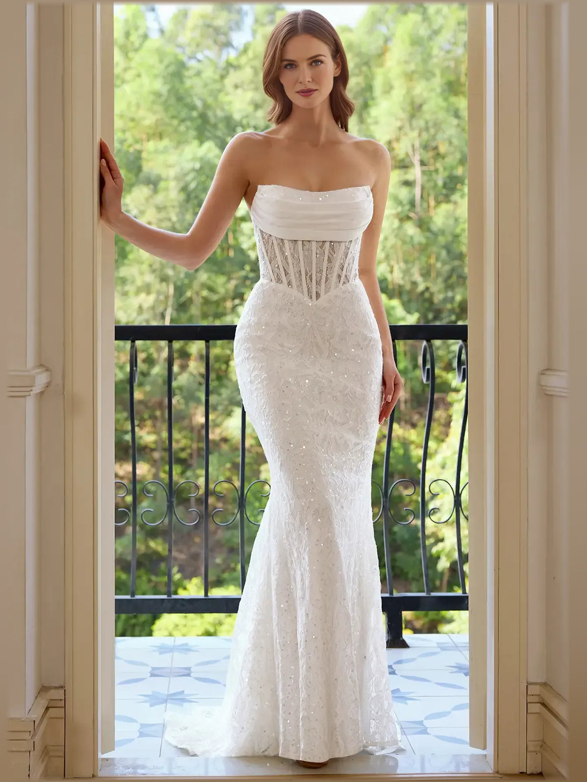 White mermaid floor-length formal dress with strapless neckline, full-length front view