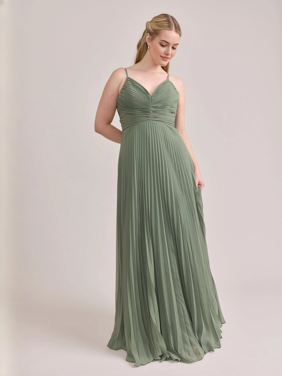 Dusty Sage maxi bridesmaid dress, front view showing the a-line silhouette