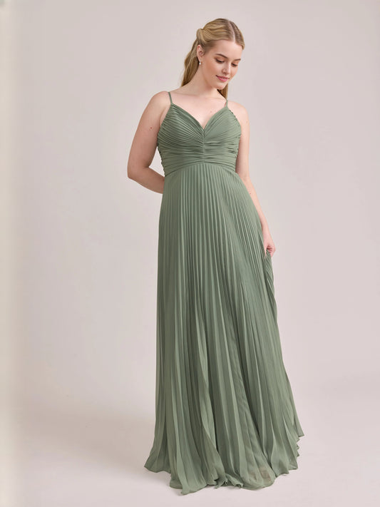 Dusty Sage maxi bridesmaid dress, front view showing the a-line silhouette