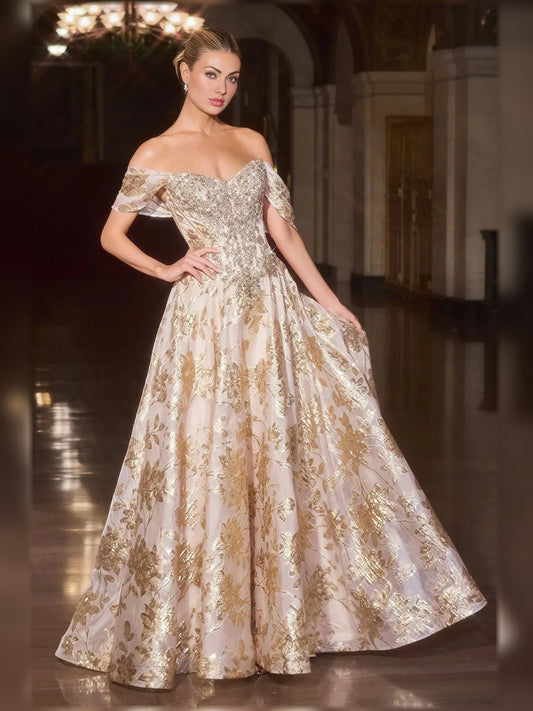 Gold floor-length mother of the bride dress, front view showing the ball-gown silhouette