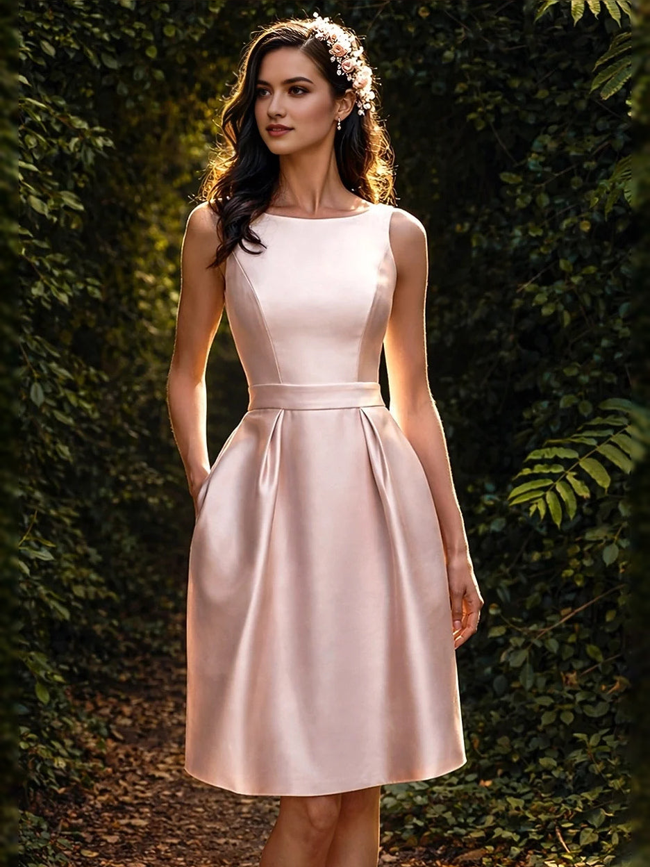 Blush Pink knee-length prom dress, front view showing the a-line silhouette