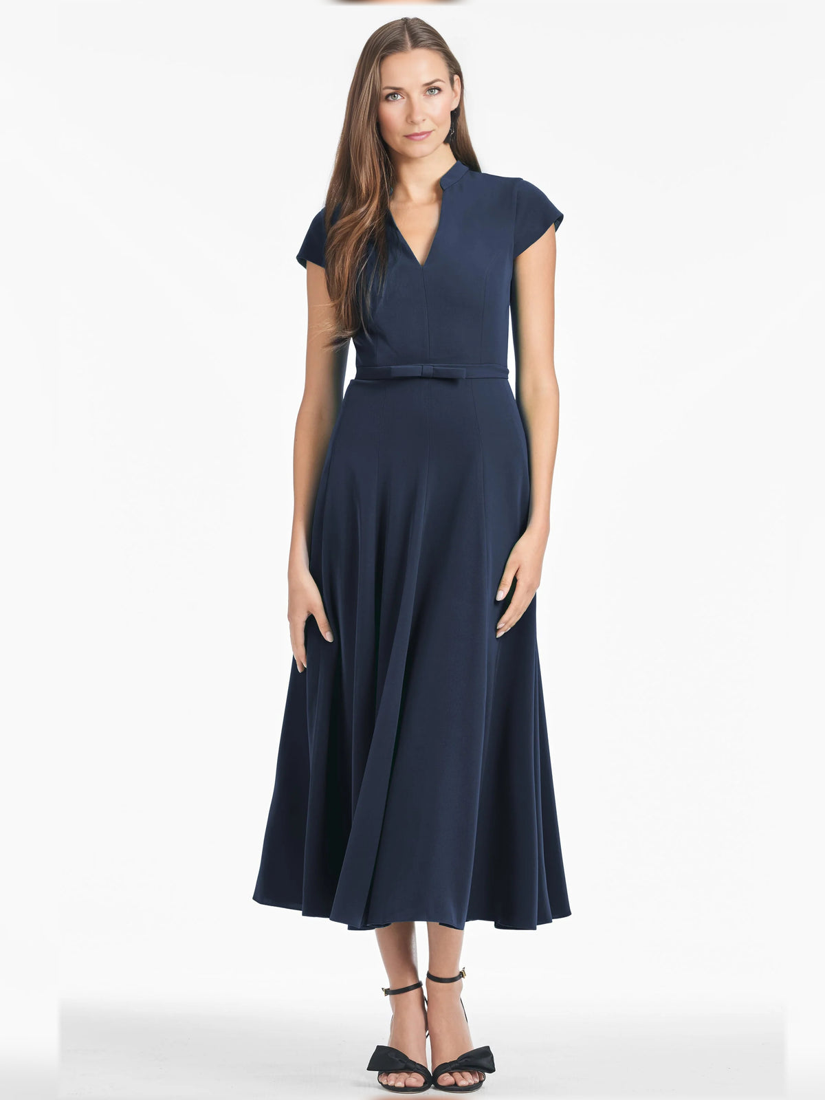 Navy Blue short mother of the bride dress, front view showing the fit and flare silhouette