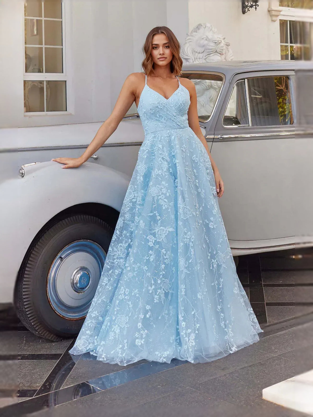 Sky Blue floor-length prom dress, front view showing the a-line silhouette