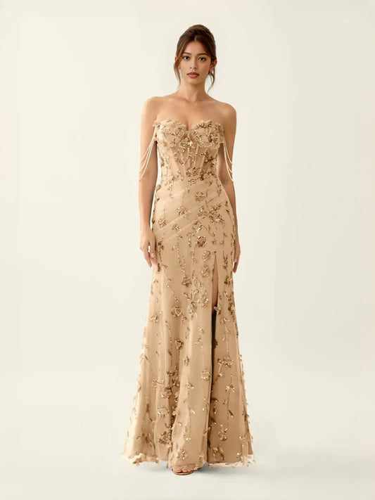 Champagne maxi prom dress, front view showing the mermaid silhouette