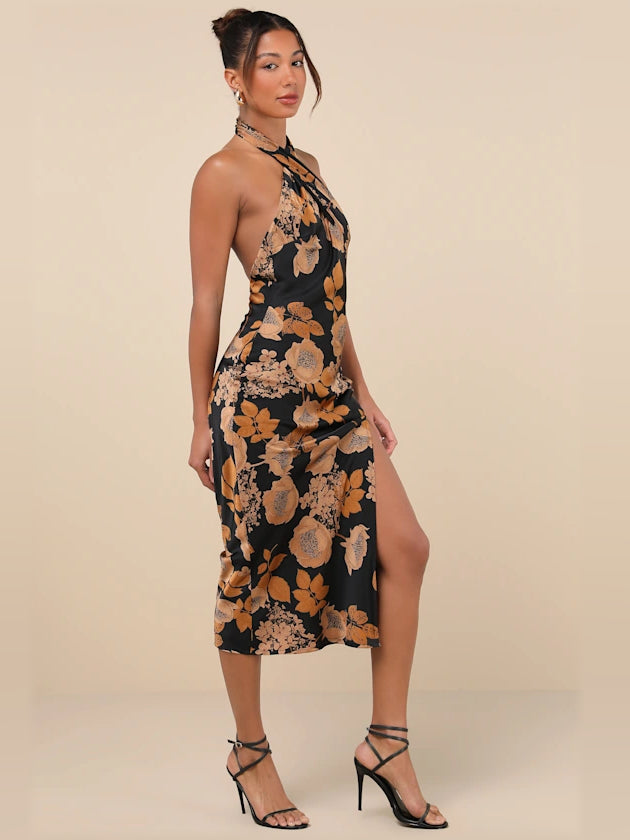 Black Floral midi formal dress with halter neckline, full-length front view