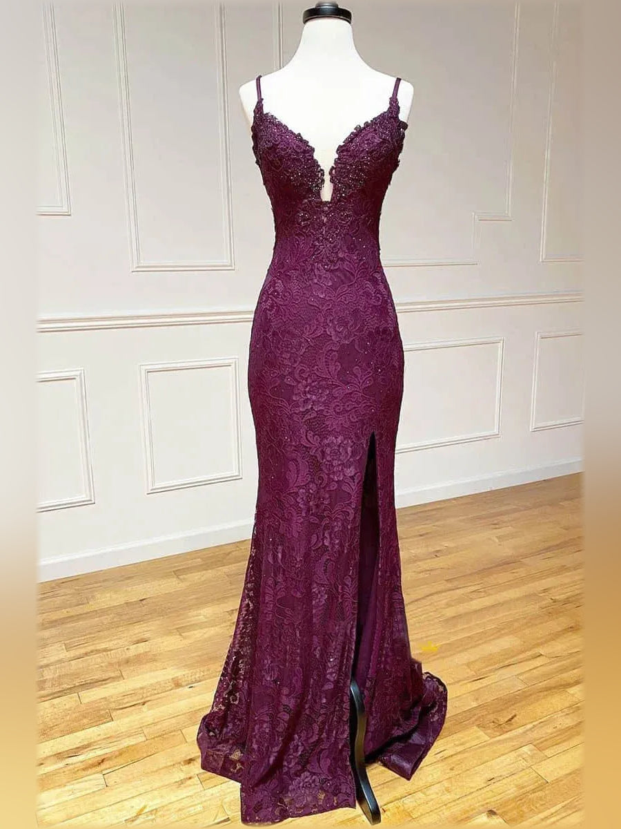 Purple mermaid floor-length formal dress with V-neckline, full-length front view