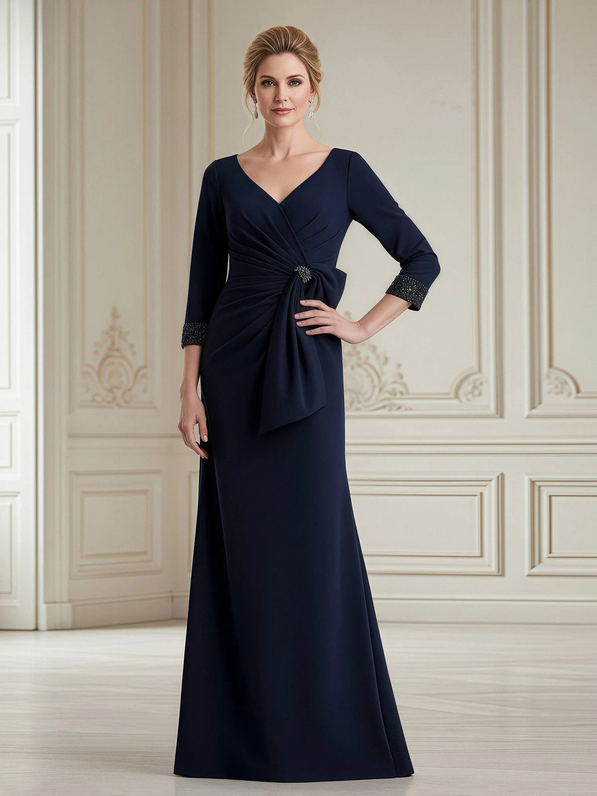 Dark Navy floor-length mother of the bride dress, front view showing the sheath silhouette