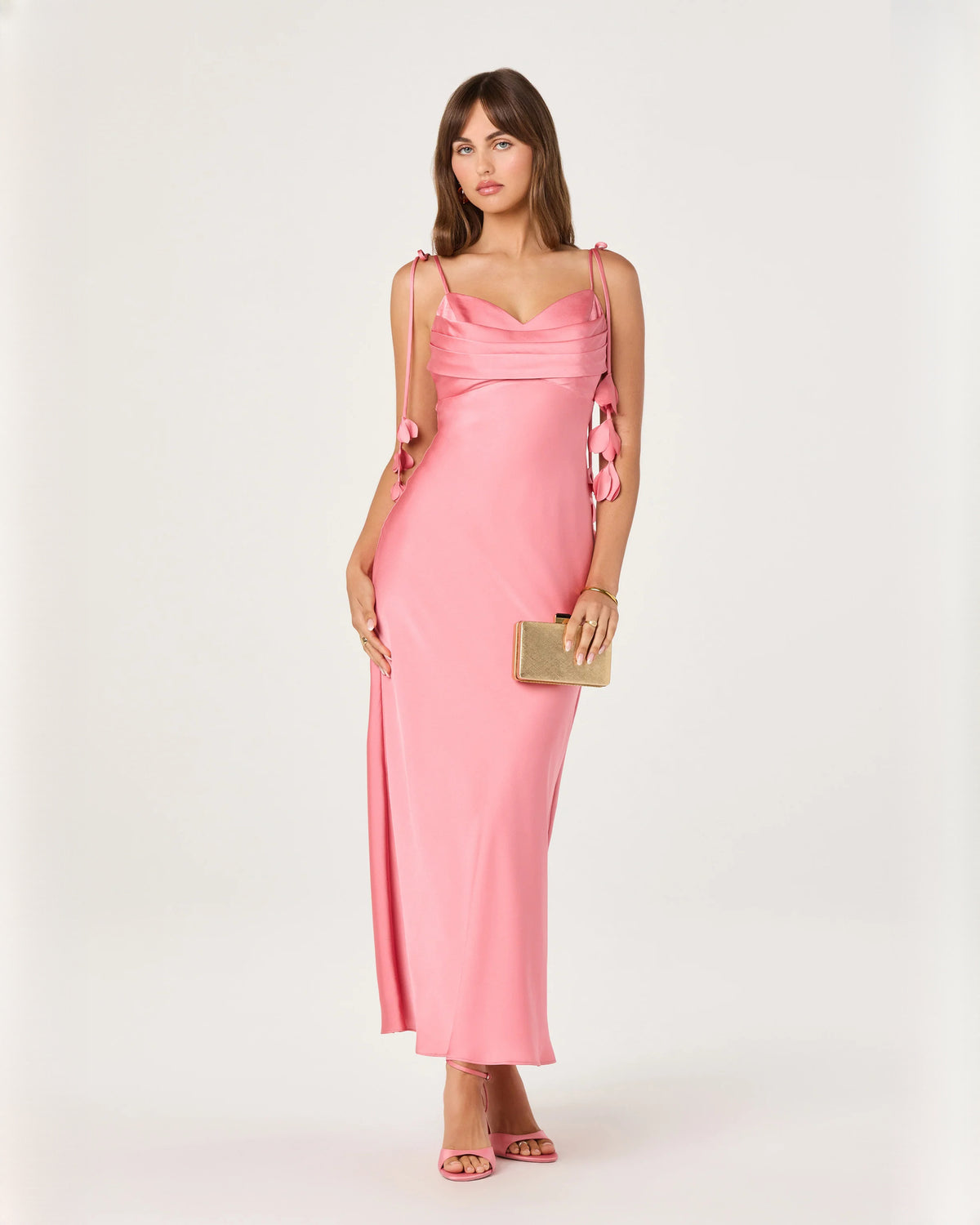 sleeveless satin a-line maxi bridesmaid dress - image 1
