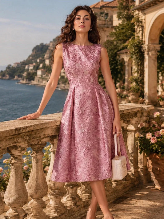 Dusty Rose midi mother of the bride dress, front view showing the a-line silhouette