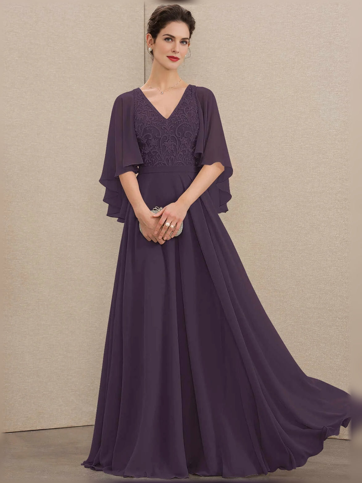 Deep Purple floor-length mother of the bride dress, front view showing the a-line silhouette