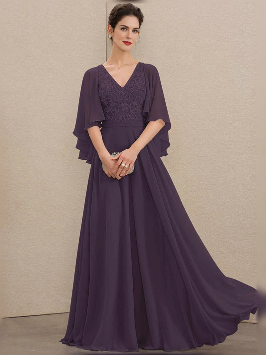 Deep Purple floor-length mother of the bride dress, front view showing the a-line silhouette