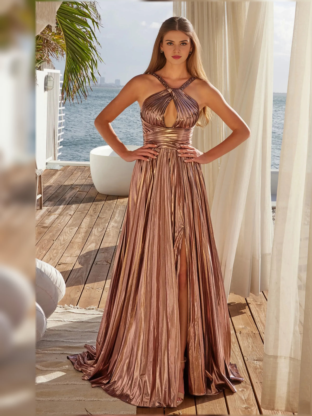 Brown a-line floor-length formal dress with halter neckline, full-length front view