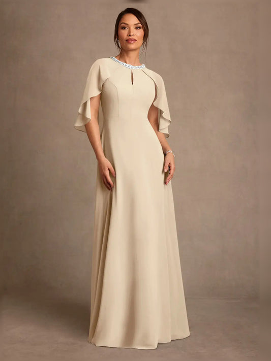 Champagne maxi mother of the bride dress, front view showing the a-line silhouette