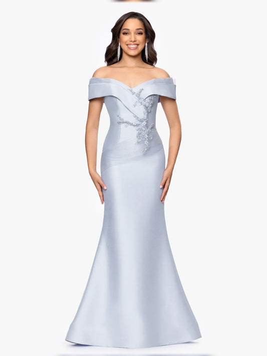 Light Blue floor-length mother of the bride dress, front view showing the a-line silhouette