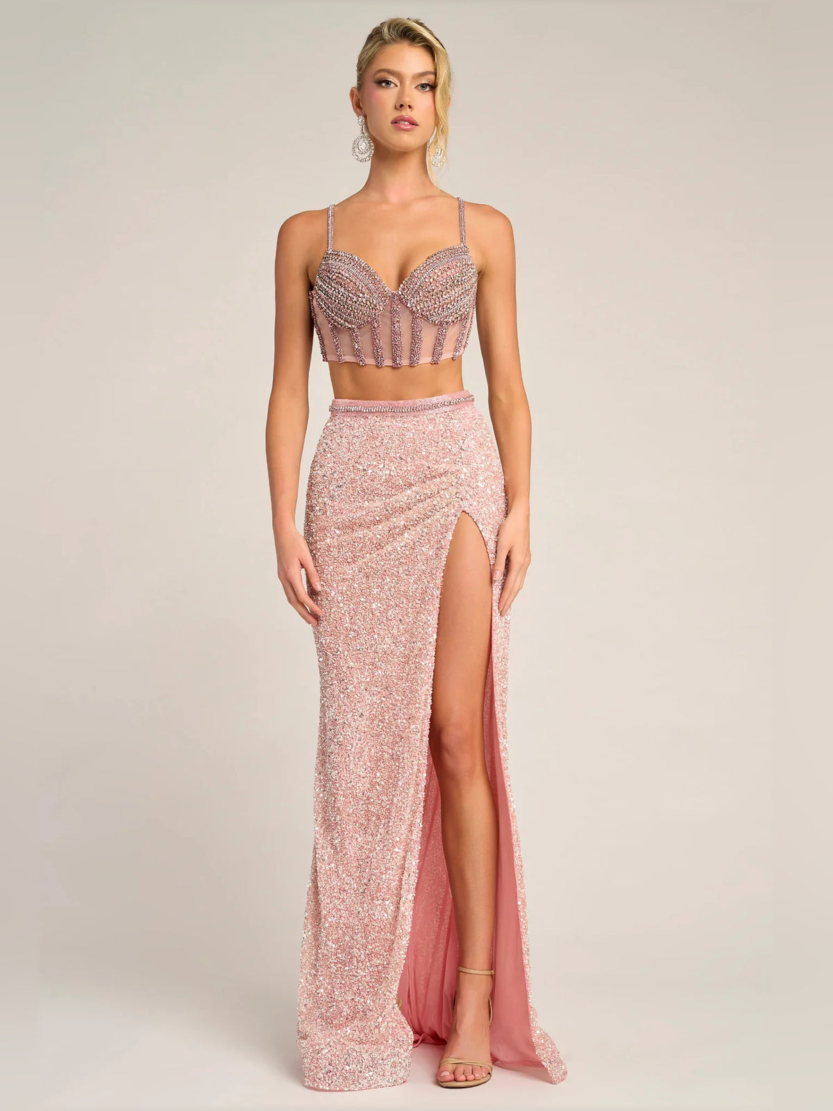 Coral sheath floor-length formal dress with sweetheart neckline, full-length front view