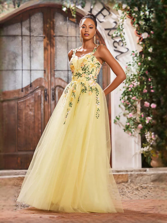 Daffodil floor-length prom dress, front view showing the a-line silhouette