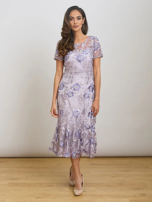Lavender midi mother of the bride dress, front view showing the mermaid silhouette