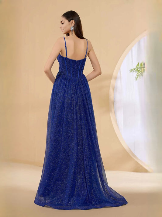 Royal Blue floor-length prom dress, front view showing the a-line silhouette
