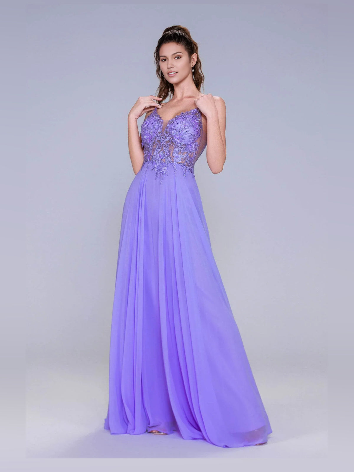 Periwinkle floor-length prom dress, front view showing the a-line silhouette