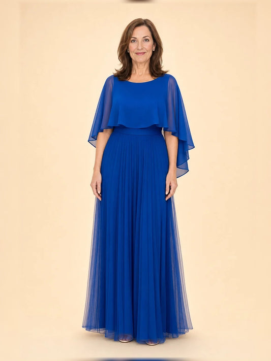 Navy floor-length mother of the bride dress, front view showing the a-line silhouette