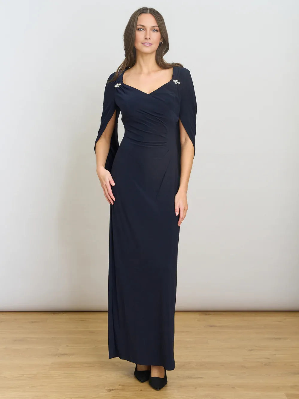 Dark Navy maxi mother of the bride dress, front view showing the sheath silhouette