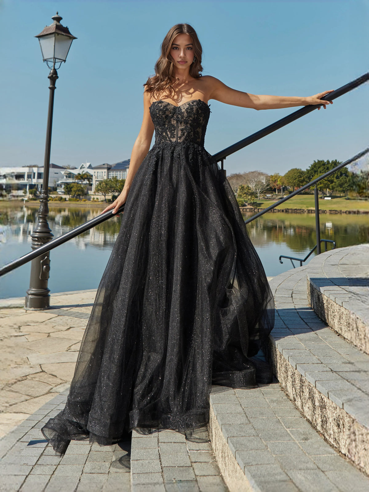 Black floor-length prom dress, front view showing the a-line silhouette