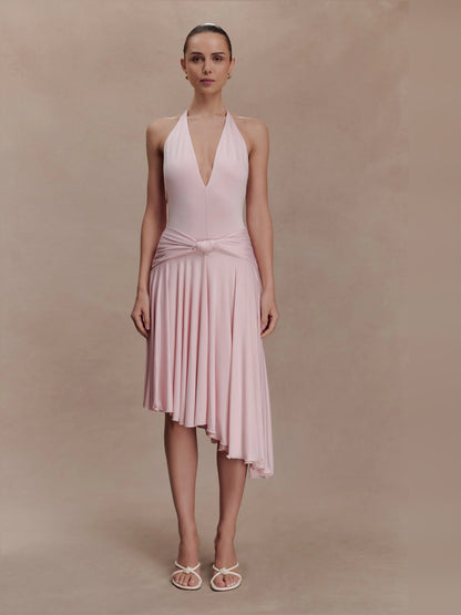 Pink midi formal dress, full-length front view