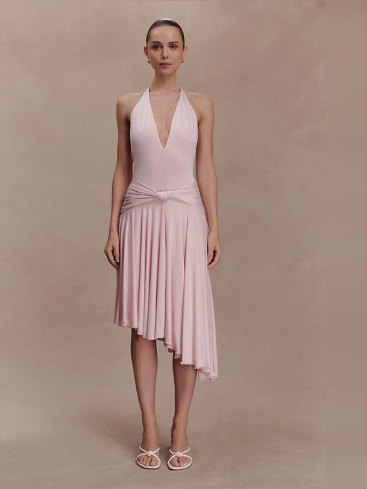 Pink midi formal dress, full-length front view