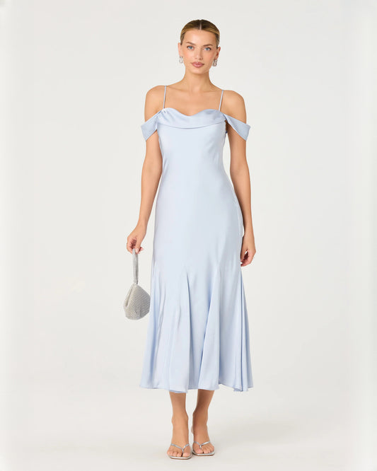 off-shoulder satin a-line midi bridesmaid dress - image 1
