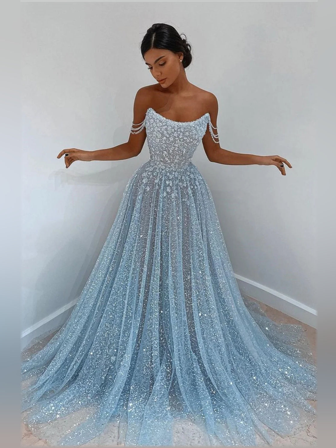 Light Blue a-line floor-length formal dress with off-the-shoulder neckline, full-length front view
