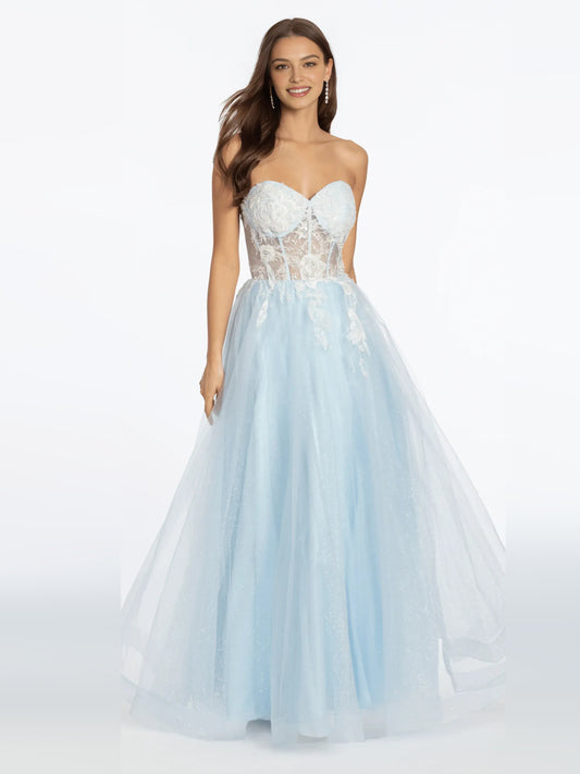 Light Blue floor-length prom dress, front view showing the a-line silhouette