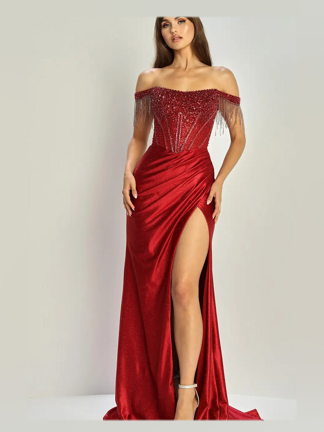 Red floor-length prom dress, front view showing the mermaid silhouette