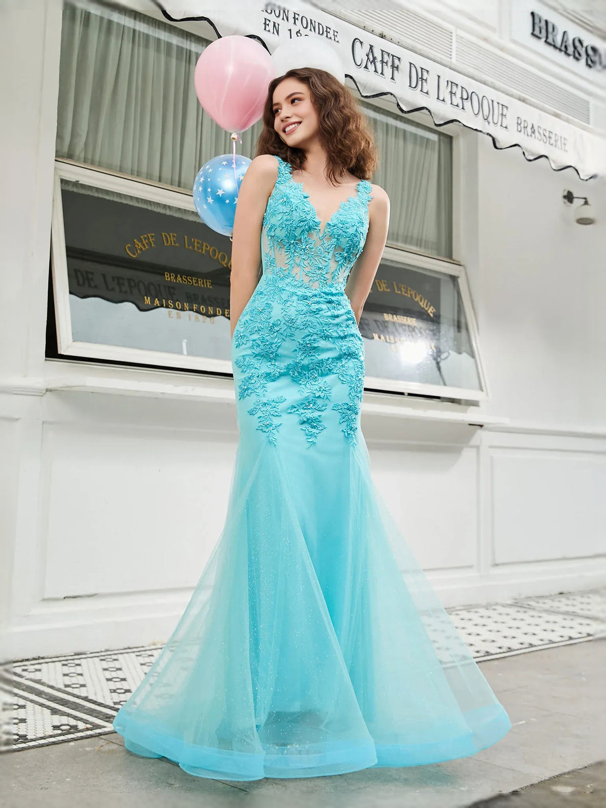 Spa floor-length prom dress, front view showing the mermaid silhouette