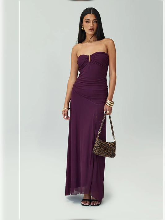 Purple bodycon floor-length formal dress with V-neckline, full-length front view