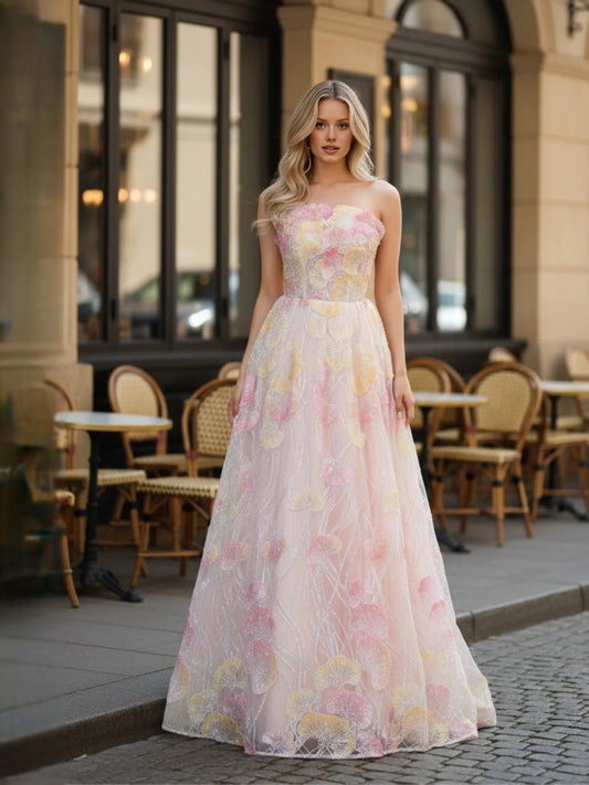 Daffodil maxi prom dress, front view showing the a-line silhouette