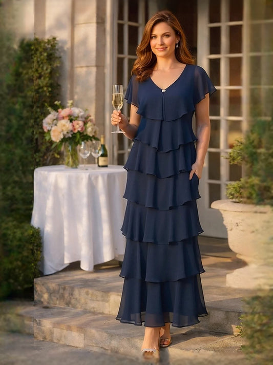 Navy Blue floor-length mother of the bride dress, front view showing the a-line silhouette