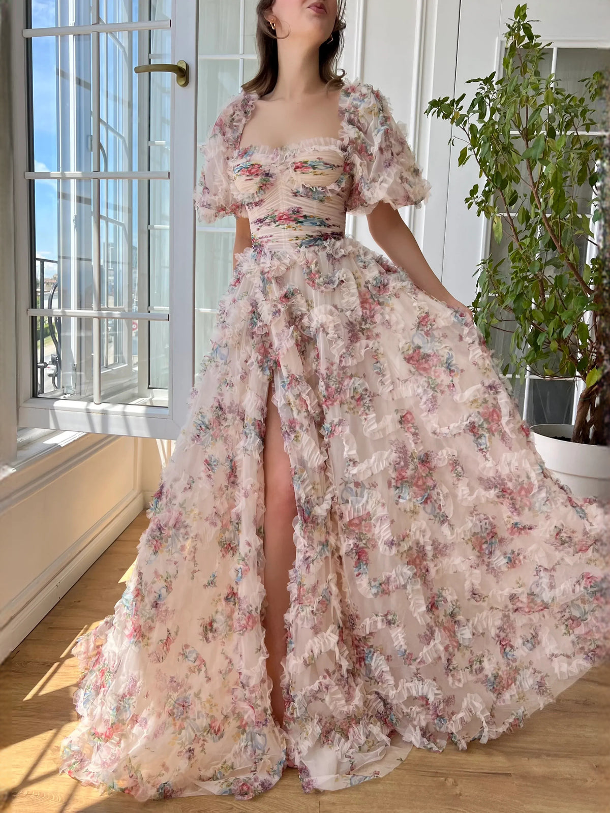 As Picture floor-length prom dress, front view showing the a-line silhouette