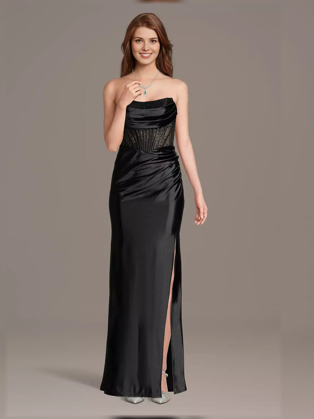 Black mermaid floor-length formal dress with strapless neckline, full-length front view